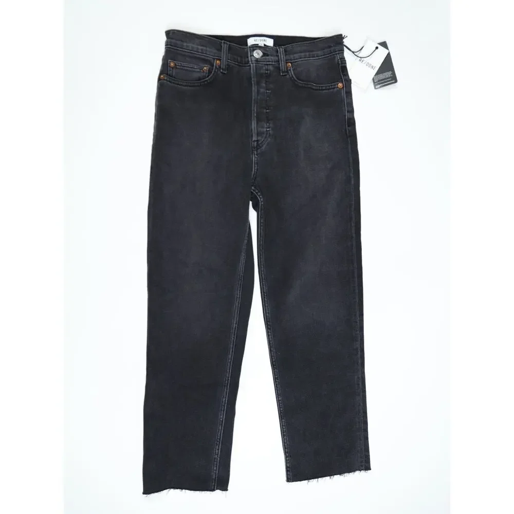 NWT RE/DONE 70s Stove Pipe Jeans 28 Washed Noir High Rise Straight Crop Raw Hem